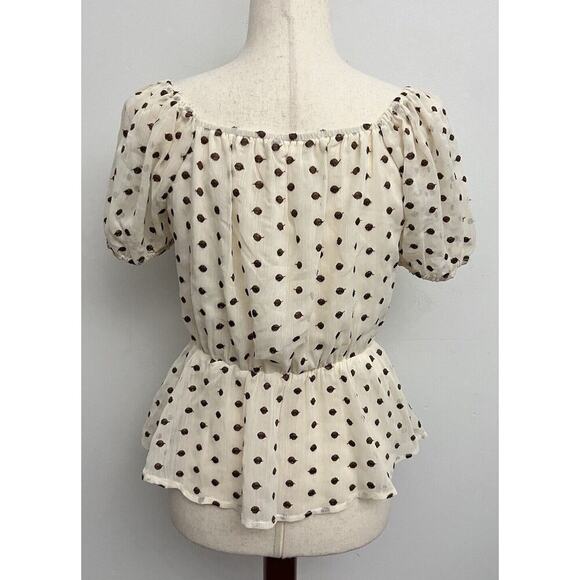 Blu pepper Chocolate Brown Polka Dot Peplum Top Women’s Sz M Semi-Sheer Sleeves - Picture 5 of 8